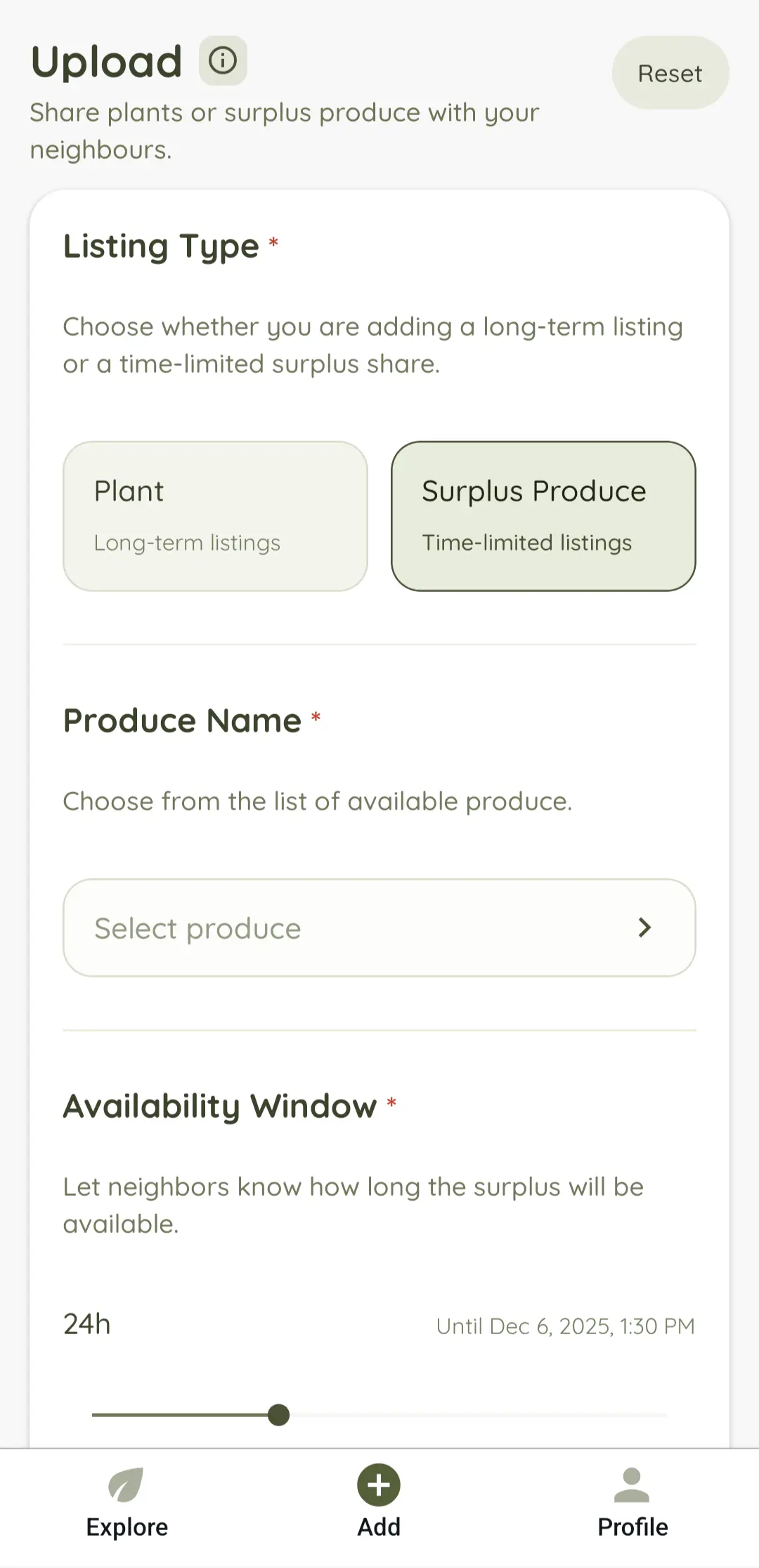 Public Herb screen for adding a surplus produce listing